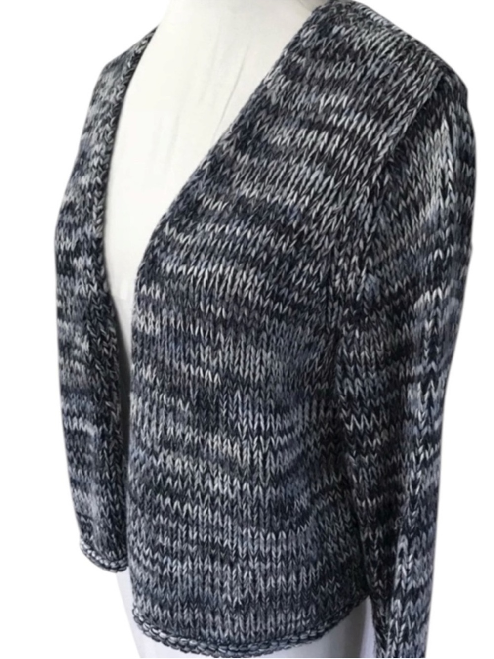 J. Jill Marled Blue Charcoal Cotton Cardigan Large Open Front Chunky Knit Cozy - Picture 6 of 15